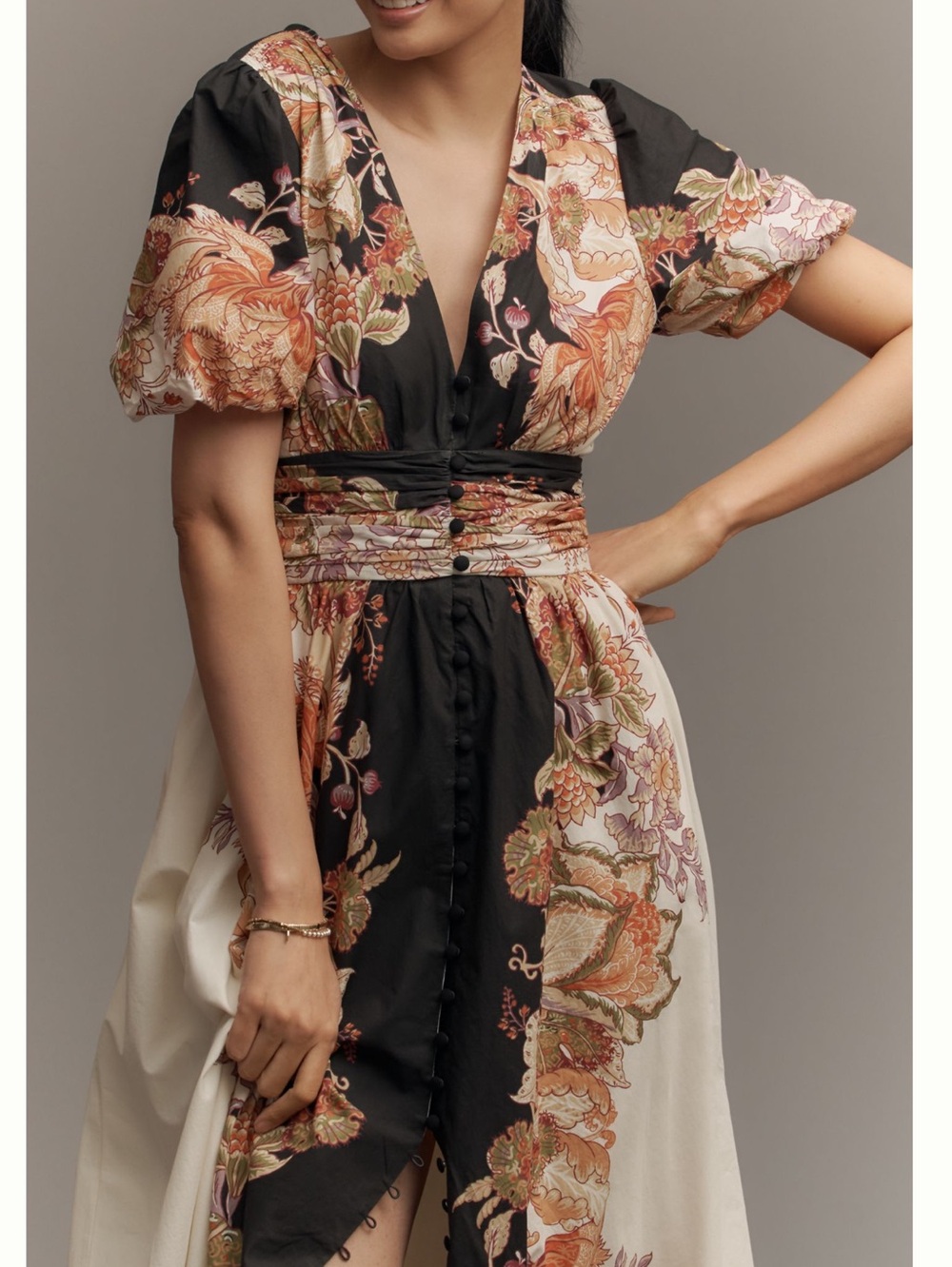 Anthropologie Katerina Short-Sleeve Button-Front Maxi Dress XL Black Floral - Picture 5 of 15